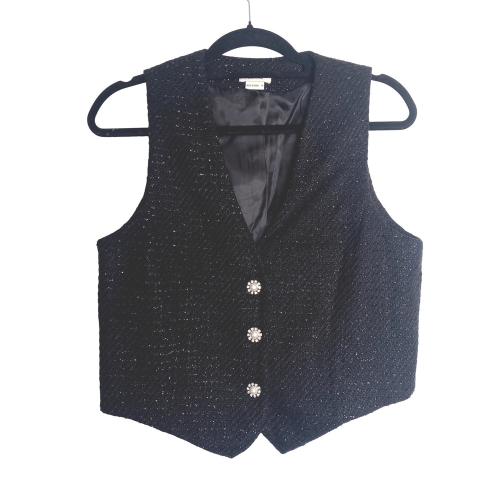 Jason Wu Black Metallic Tweed Vest Pearl Rhinestone Button Waistcoat Medium‎